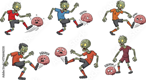 Zombie Kicking Brain Cartoon Set – Funny Horror Vector Characters with Sound Effects – Halloween Undead Comedy Scene for Stock Illustration Use