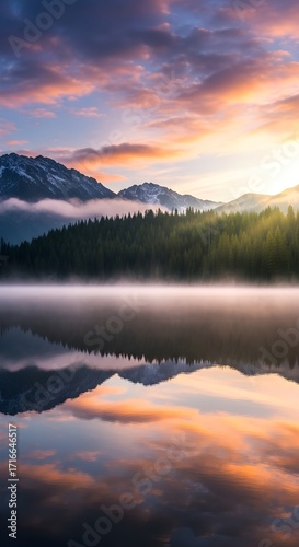 Serene mountain lake at sunrise mist rising from water reflecting colorful clouds and pine forest