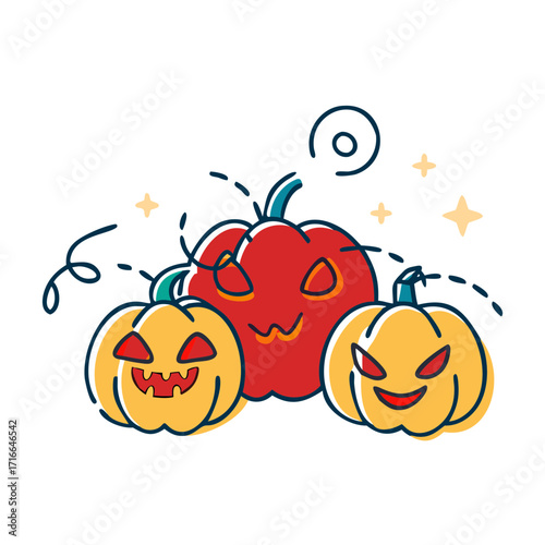 moonlit pumpkin patch where jack-o'-lanterns huddle together whispering secrets, their carved faces glowing with mischievous grins. Swirling autumn leaves and faint spider webs in the corners