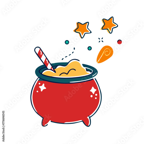 bubbling cauldron overflowing with starry potion, surrounded by dancing broomsticks and floating candy corn in a starry night sky. witch stirs the brew