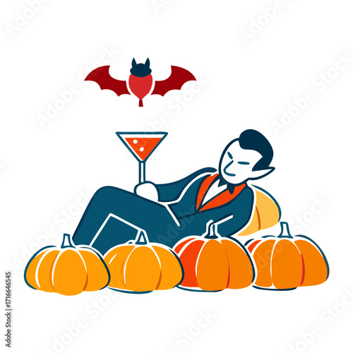 dapper vampire lounging on a pile of striped pumpkins at a midnight banquet, toasting with a goblet of "blood orange" juice while bats flutter around a crystal chandelier made of candy corn