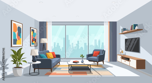 Modern Living Room Interior With Large Window And Cityscape View Furniture And Decor