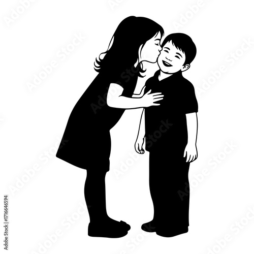 Sister kisses brother cheek black and white sibling love