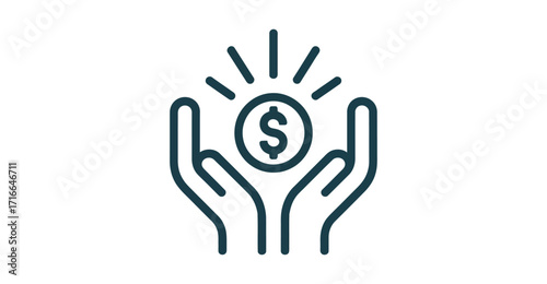  financial support icon with cupped hands holding dollar coin and radiating lines on white background for savings, charity, and investment themes