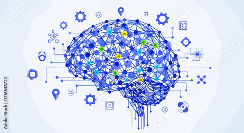 Conceptual human brain network structure with technology icons representing artificial intelligence and digital connections