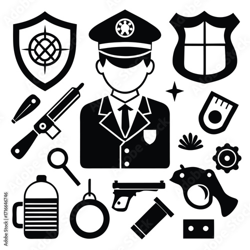 AdoPolice and Security Icons Set – Law Enforcement Officer Silhouette, Badge, Gun, Handcuffs, and Safety Symbols Vector Illustrationk