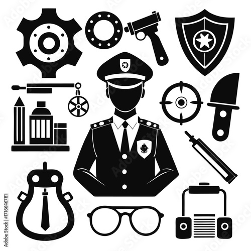 Police and Security Icons Set – Law Enforcement Officer Silhouette, Badge, Gun, Handcuffs, and Safety Symbols Vector Illustrationk