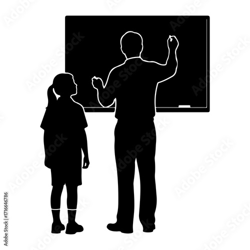Teacher instructing student at blackboard instruction