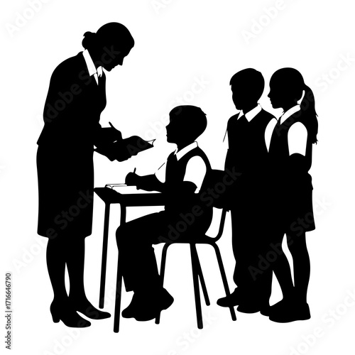 Teacher instructing students at desk classroom learning