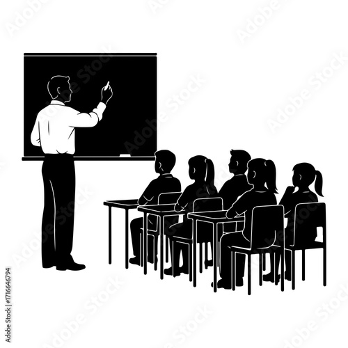 Teacher instructing students at desks classroom chalkboard