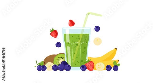 Refreshing Green Smoothie with Fresh Fruits Isolated on White Background Healthy Drink
