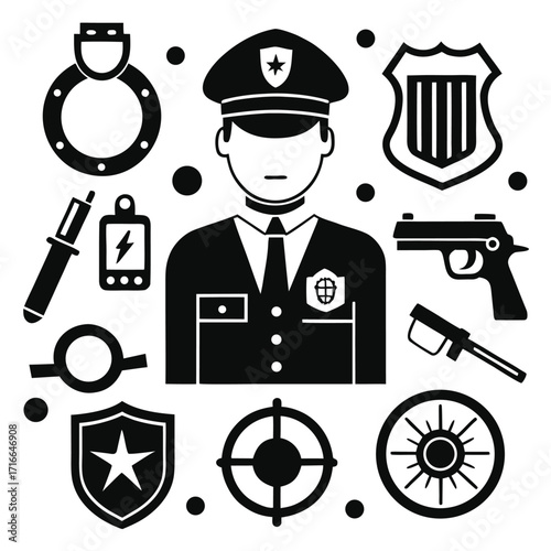 Police and Security Icons Set – Law Enforcement Officer Silhouette, Badge, Gun, Handcuffs, and Safety Symbols Vector Illustrationk