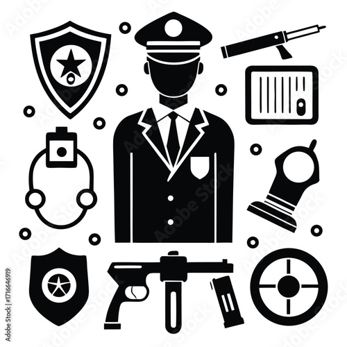 Police and Security Icons Set – Law Enforcement Officer Silhouette, Badge, Gun, Handcuffs, and Safety Symbols Vector Illustrationk