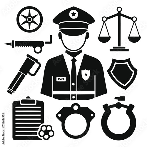 Police and Security Icons Set – Law Enforcement Officer Silhouette, Badge, Gun, Handcuffs, and Safety Symbols Vector Illustrationk