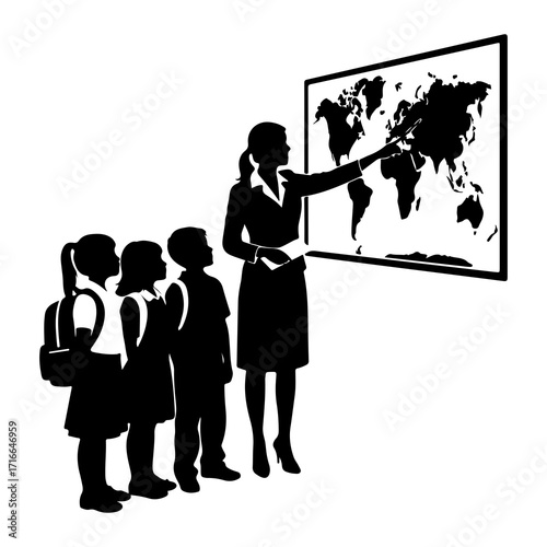 Teacher pointing at world map with students classroom