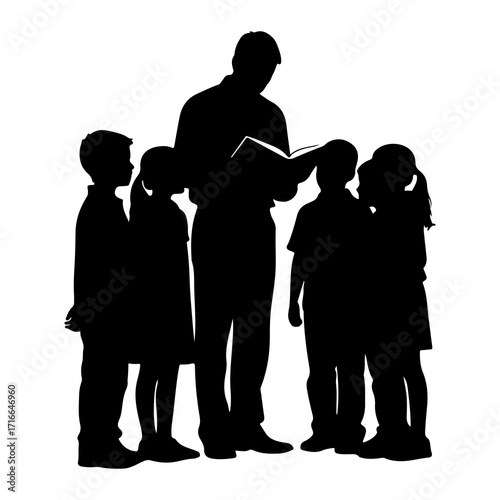 Teacher reading to children silhouette book learning
