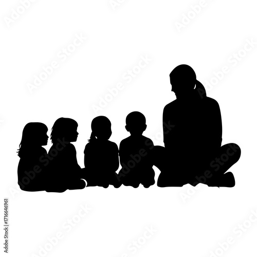 Teacher reading to children silhouette sitting