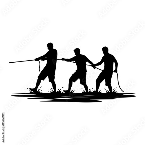 Three men pulling rope in water tug of war team