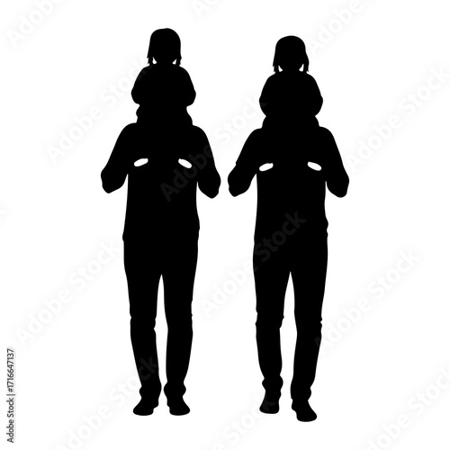 Two fathers carrying children on shoulders silhouette