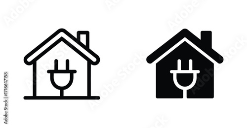 smart home electricity icons with plug symbol inside outlined and filled house silhouettes on white background for energy and tech themes 