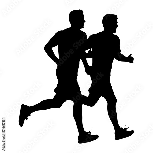 Two men running side by side silhouette athletes
