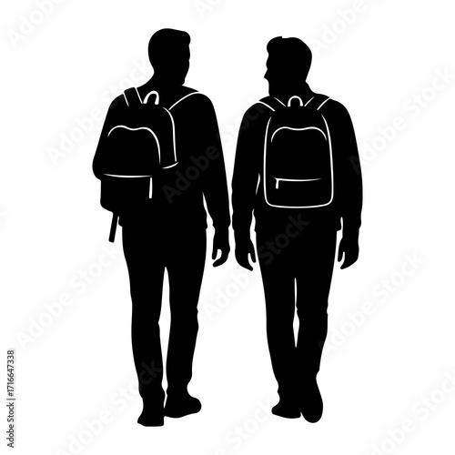 Two men walking with backpacks silhouettes