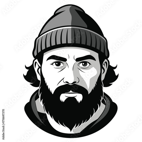 Bearded Man in Winter Hat Vector Illustration – Rugged Lumberjack Style Portrait