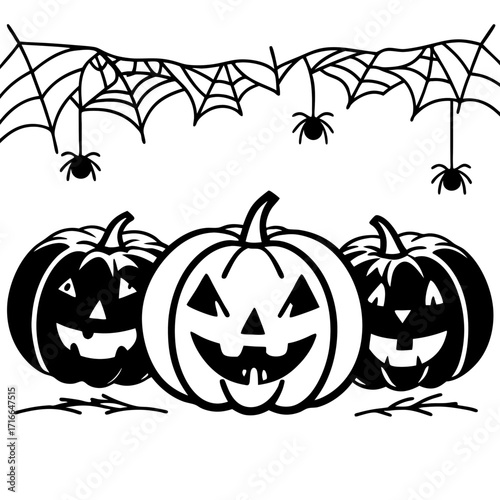 moonlit pumpkin patch where jack-o'-lanterns huddle together whispering secrets, their carved faces glowing with mischievous grins. Swirling autumn leaves and faint spider webs in the corners
