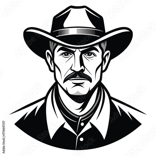 Cowboy Face Illustration – Black and White Vector of Bearded Man in Western Hat