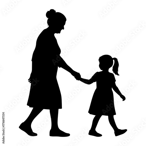 Woman and child holding hands walking silhouette girl