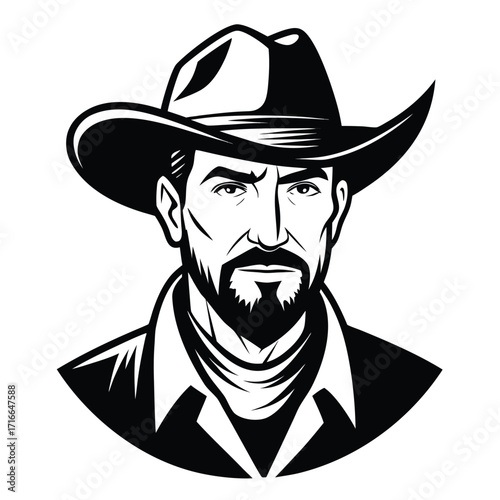 Cowboy Face Illustration – Black and White Vector of Bearded Man in Western Hat