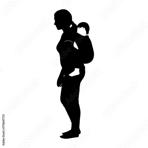 Woman carrying baby in sling silhouette carrier