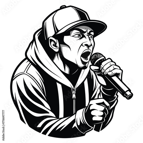 Hip Hop Rapper Singing with Microphone Vector Illustration – Urban Street Style Music Artrk