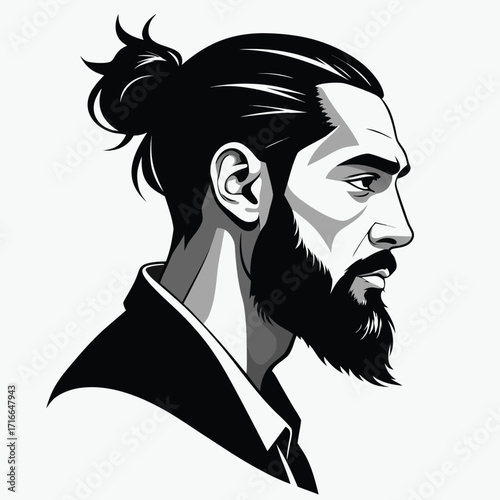 Man with Beard and Man Bun – Black and White Vector Portrait in Profile