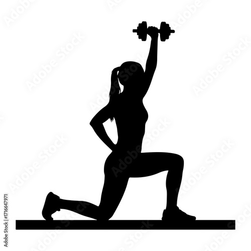 Woman lifting dumbbell in lunge pose silhouette fitness