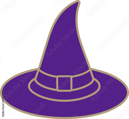 Purple Witch Hat with Tan Outline and Buckle on White Background Keywords: witch hat, wizard hat, magic hat, costume, halloween, fantasy, witch, wizard, sorcerer, spell, enchantment, occult
