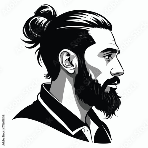 Man with Beard and Man Bun – Black and White Vector Portrait in Profile