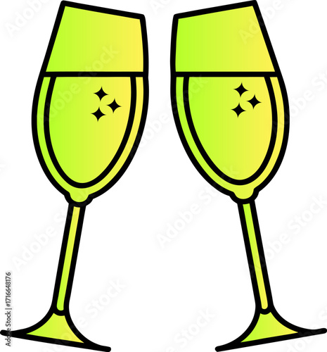 Two Champagne Glasses Filled with Green Liquid and Sparkles Vector Illustration wine glasses flutes
