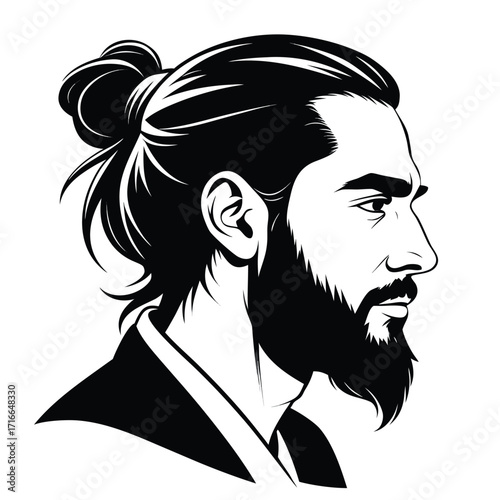 Man with Beard and Man Bun – Black and White Vector Portrait in Profile
