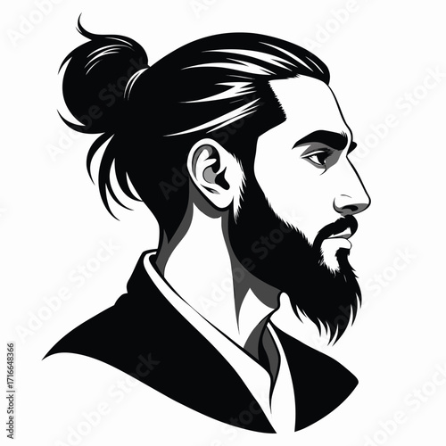 Man with Beard and Man Bun – Black and White Vector Portrait in Profile