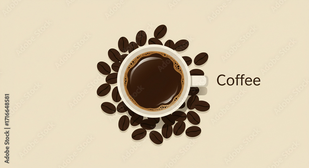 Obraz premium Invigorating cup of rich dark coffee surrounded by roasted beans, a perfect morning ritual to energize your day and inspire productivity