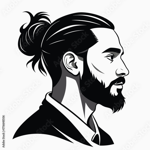 Man with Beard and Man Bun – Black and White Vector Portrait in Profile
