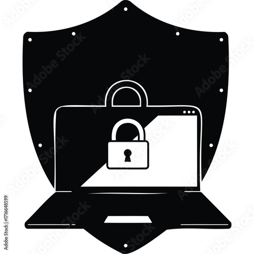 Secure Laptop Data Protection Shield Icon computer security padlock lock internet online safety privacy digital technology cybersecurity