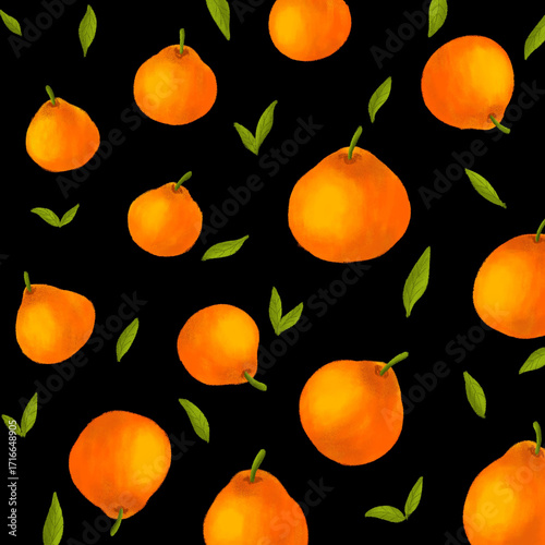 seamless pattern of oranges and green leaves on a black background