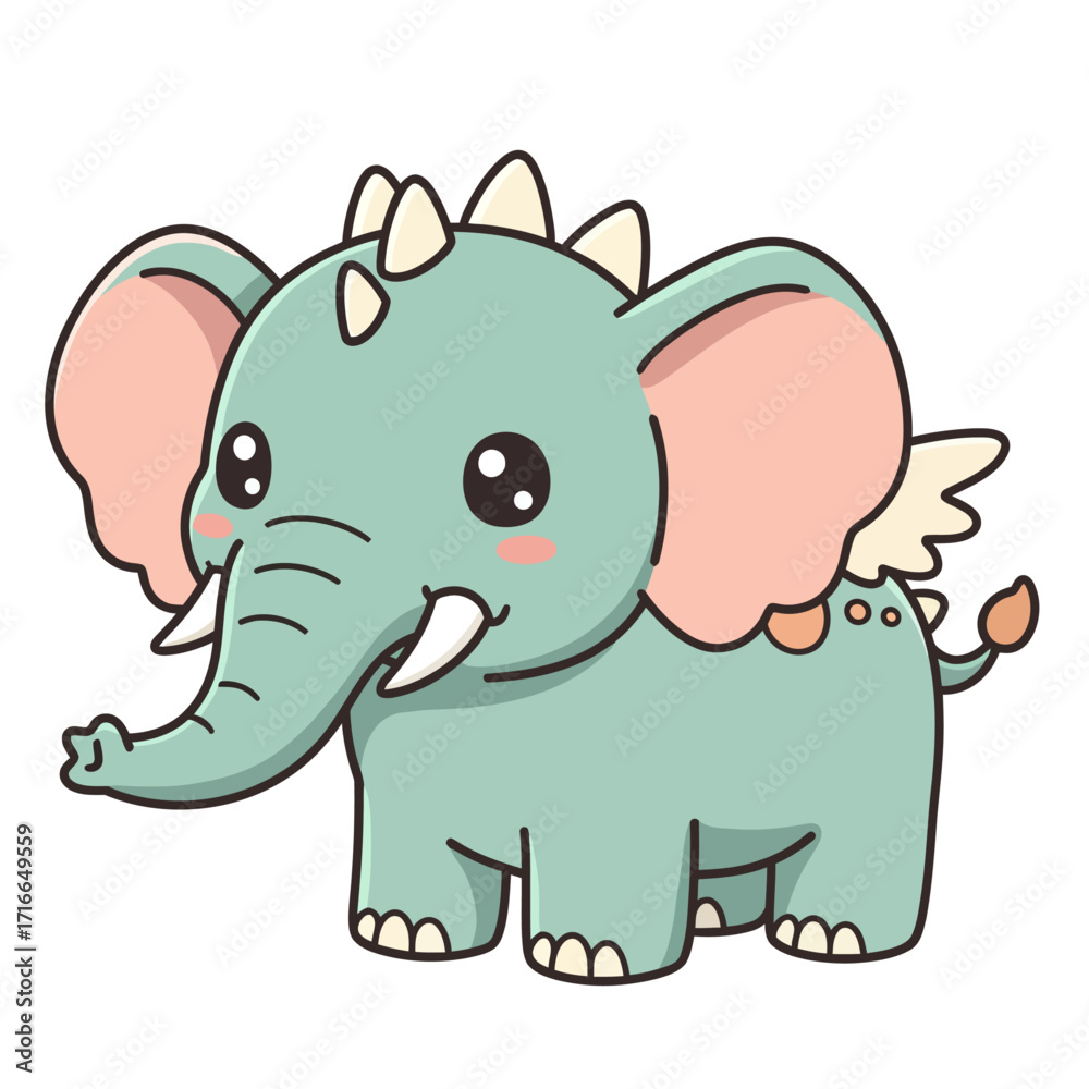 Fototapeta premium Adorable cartoon elephant with fantasy elements, including small horns, wings, and pastel colors., perfect for children’s design, stickers, and merchandise.