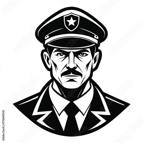 Police Officer Portrait – Black and White Vector Illustration of Law Enforcement Man in Uniform