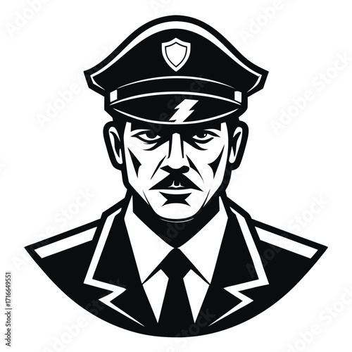 Police Officer Portrait – Black and White Vector Illustration of Law Enforcement Man in Uniform