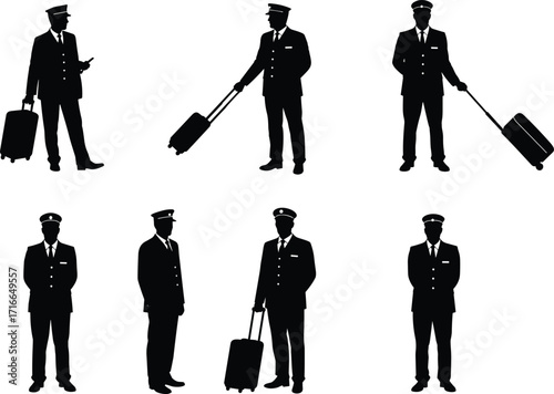 Airline Pilot Silhouette Vector Set with Uniform, Suitcase, Standing and Walking Poses, Aviation Crew Icons Isolated on White BackgroundArt & Illustration
