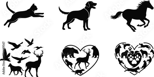 Animal silhouette vector set featuring pets and wildlife in heart shapes, motion poses, and nature-themed black design elements