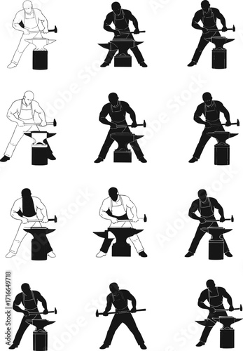 Blacksmith silhouette set with hammer and anvil, metalworking poses, outline style, craft profession icons